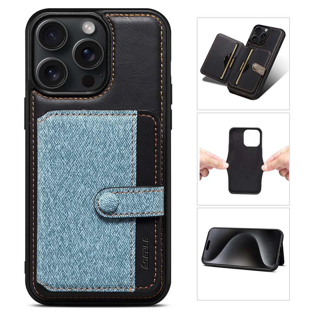 ESEBLE For iPhone 14 Pro Case Kickstand PU Leather Back Shell with Card Slots Color Splicing - Blue