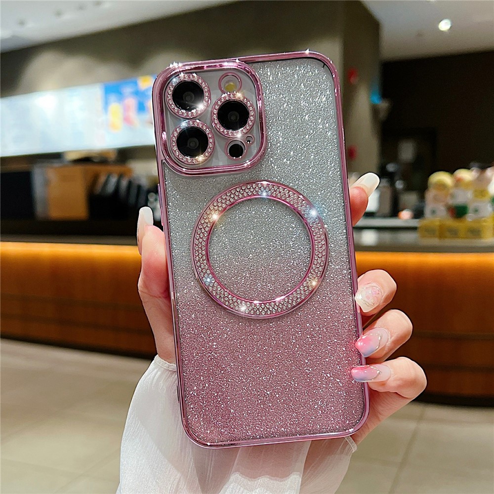 For iPhone 14 Pro Magnetic Case Shockproof TPU + PC Phone Cover with Gradient Glitter - Pink