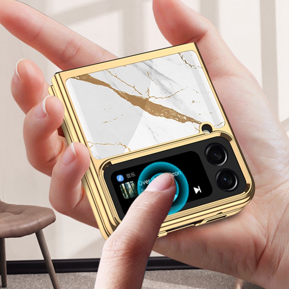 GKK For Samsung Galaxy Z Flip4 5G Pattern Printing Tempered Glass + PC Electroplating Phone Case with Small Screen Tempered Glass Film - Gold / White-2