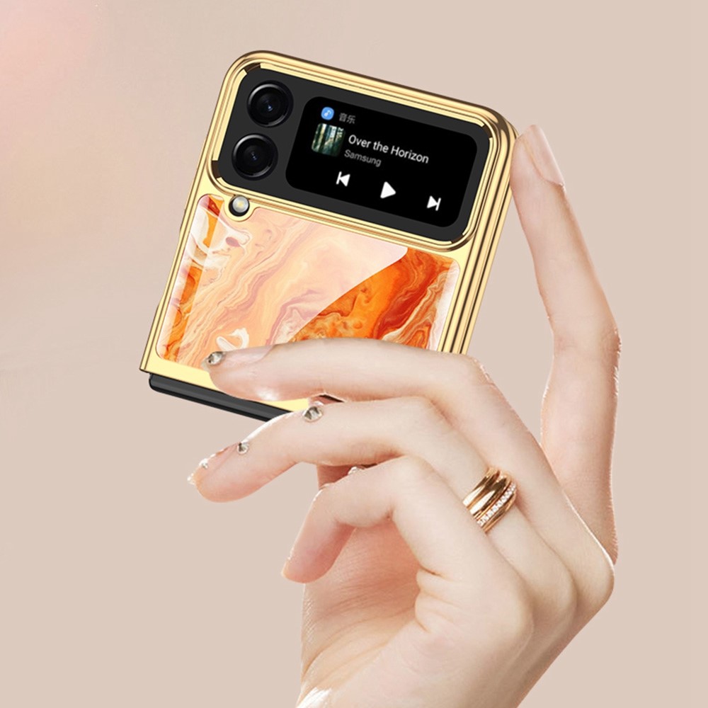 GKK For Samsung Galaxy Z Flip4 5G Pattern Printing Tempered Glass + PC Electroplating Phone Case with Small Screen Tempered Glass Film - Gold / White-3