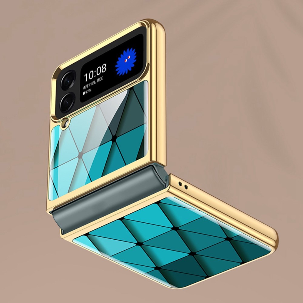 GKK For Samsung Galaxy Z Flip4 5G Pattern Printing Tempered Glass + PC Electroplating Phone Case with Small Screen Tempered Glass Film - Gold / White-5
