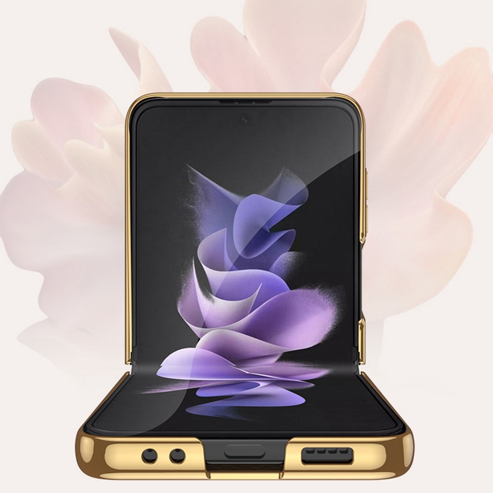 GKK For Samsung Galaxy Z Flip4 5G Pattern Printing Tempered Glass + PC Electroplating Phone Case with Small Screen Tempered Glass Film - Gold / White-6