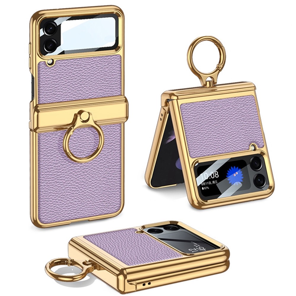 GKK For Samsung Galaxy Z Flip4 5G Litchi Texture PU Leather + PC + Metal Electroplating Phone Case with Ring Kickstand and Integrated Small Screen Film - Purple-1