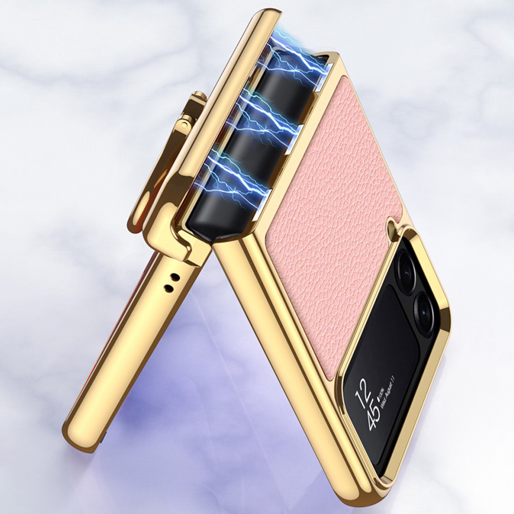 GKK For Samsung Galaxy Z Flip4 5G Litchi Texture PU Leather + PC + Metal Electroplating Phone Case with Ring Kickstand and Integrated Small Screen Film - Purple-3