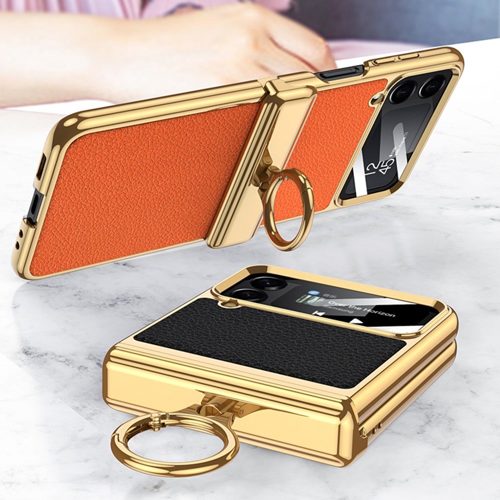 GKK For Samsung Galaxy Z Flip4 5G Litchi Texture PU Leather + PC + Metal Electroplating Phone Case with Ring Kickstand and Integrated Small Screen Film - Purple-5