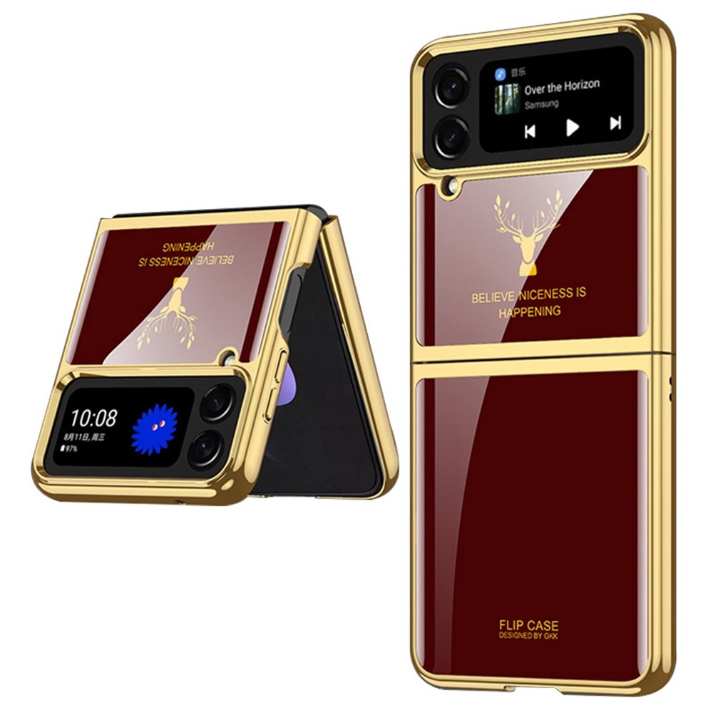 GKK For Samsung Galaxy Z Flip4 5G Deer Pattern Printing Tempered Glass + PC Electroplating Folding Case Small Screen Tempered Glass Film Phone Cover - Wine Red-1