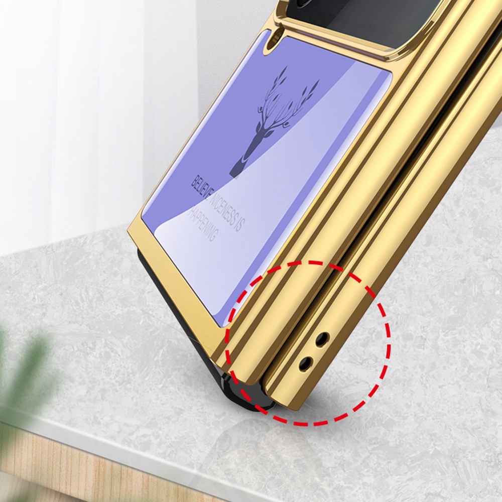 GKK For Samsung Galaxy Z Flip4 5G Deer Pattern Printing Tempered Glass + PC Electroplating Folding Case Small Screen Tempered Glass Film Phone Cover - Wine Red-4