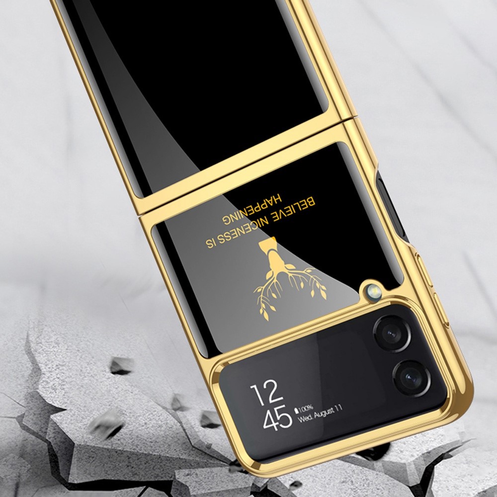 GKK For Samsung Galaxy Z Flip4 5G Deer Pattern Printing Tempered Glass + PC Electroplating Folding Case Small Screen Tempered Glass Film Phone Cover - Wine Red-6