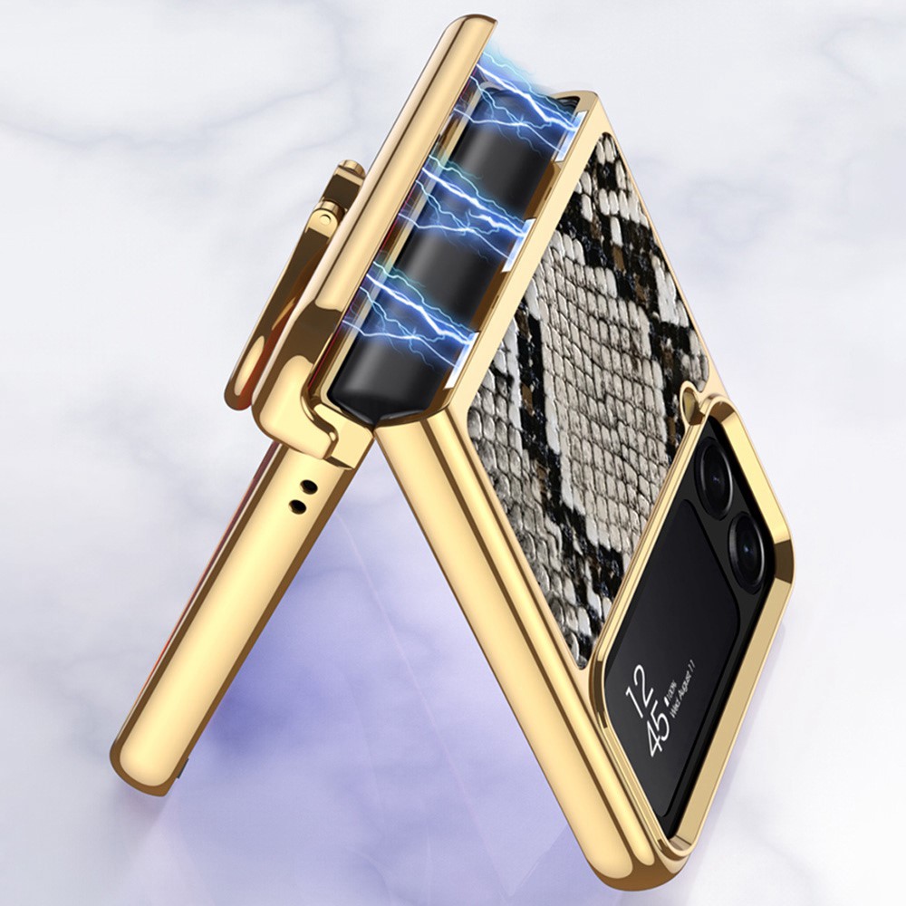 GKK For Samsung Galaxy Z Flip4 5G Crocodile Texture PU Leather + PC + Metal Kickstand Electroplating Phone Case Small Screen Film Magnetic Hinge Cover - Crocodile Purple-3