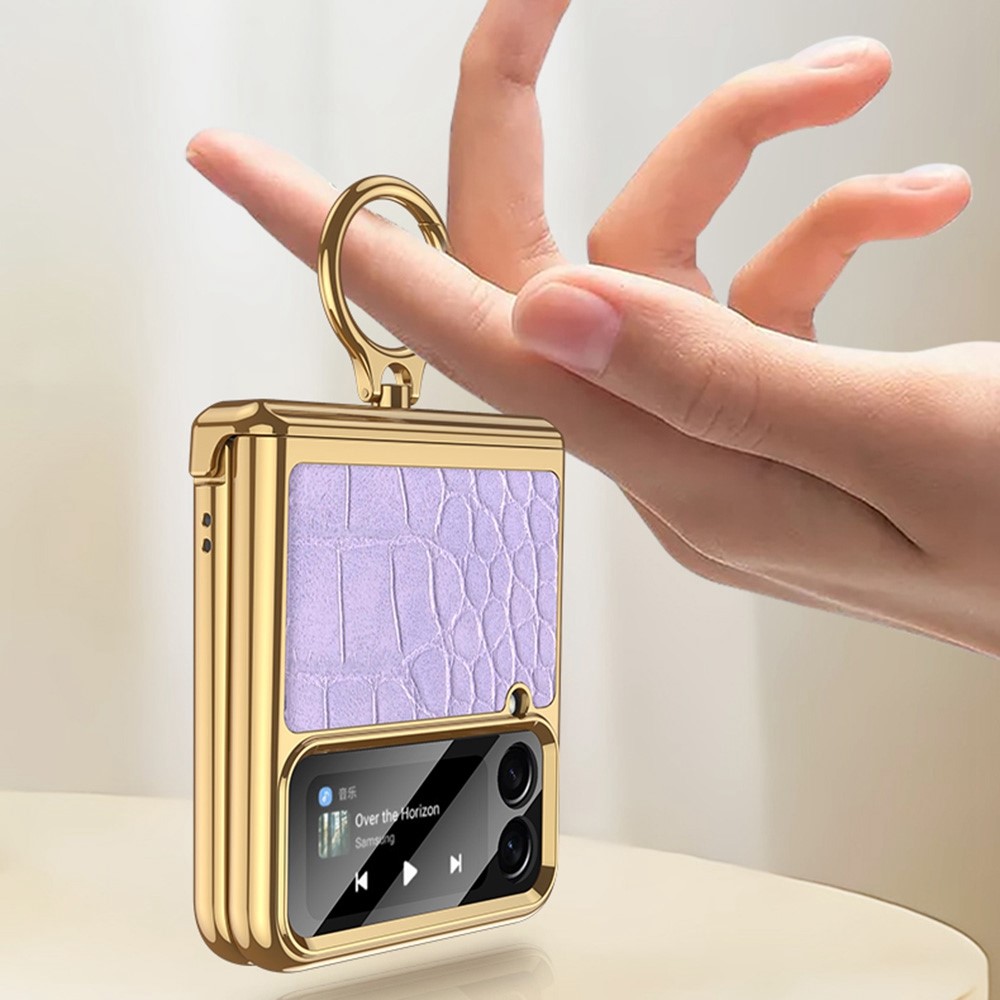 GKK For Samsung Galaxy Z Flip4 5G Crocodile Texture PU Leather + PC + Metal Kickstand Electroplating Phone Case Small Screen Film Magnetic Hinge Cover - Crocodile Purple-5