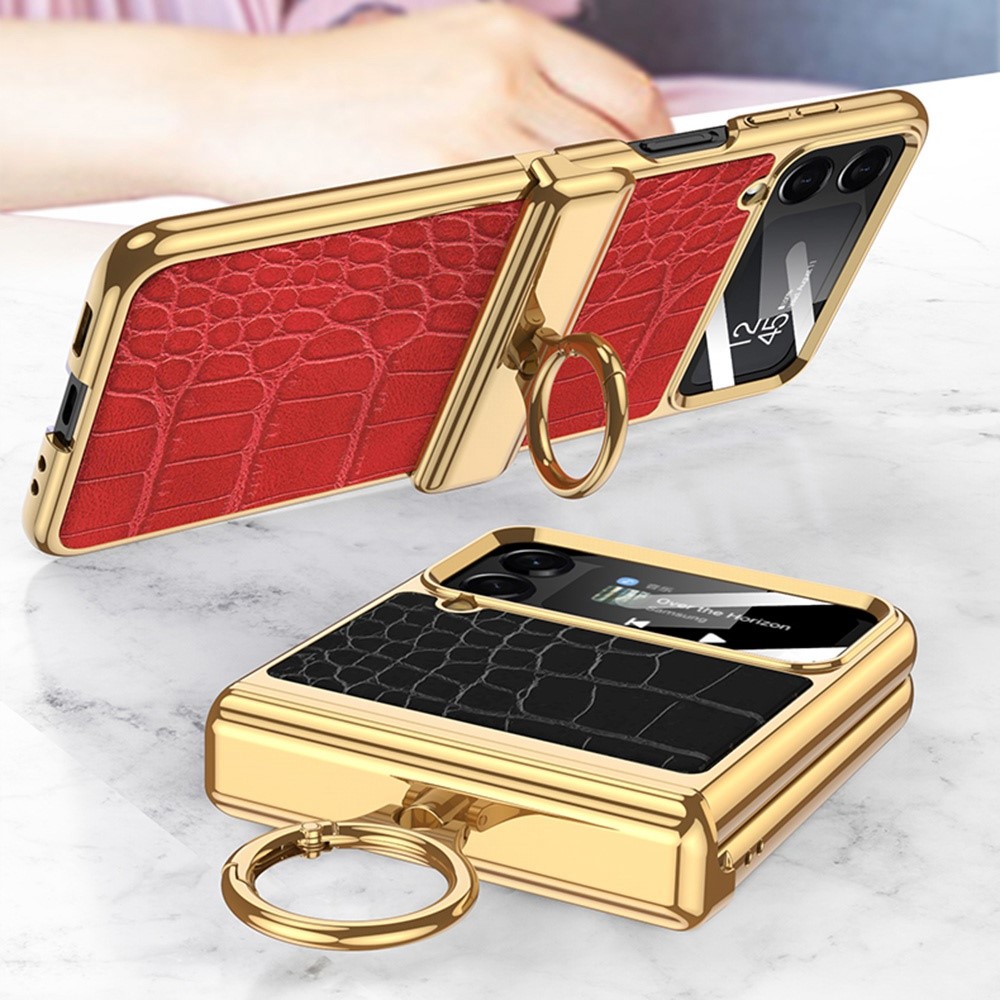 GKK For Samsung Galaxy Z Flip4 5G Crocodile Texture PU Leather + PC + Metal Kickstand Electroplating Phone Case Small Screen Film Magnetic Hinge Cover - Crocodile Purple-7