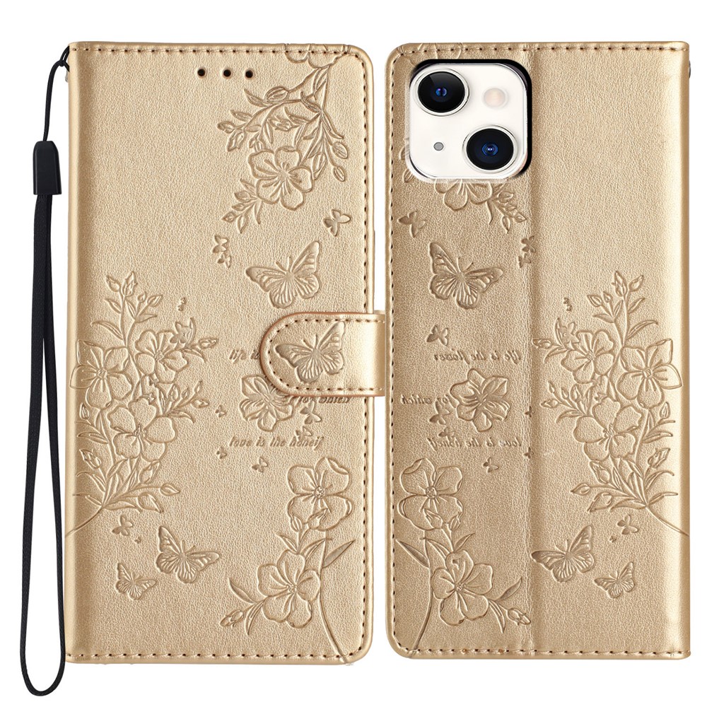 For iPhone 15 Wallet Case Butterfly Floral Imprint Leather Phone Cover with Strap - Gold