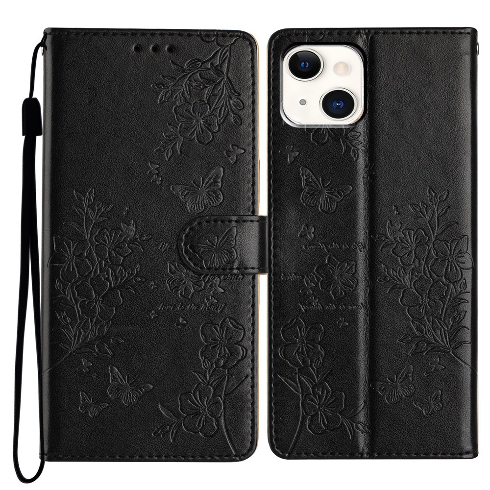 For iPhone 15 Wallet Case Butterfly Floral Imprint Leather Phone Cover with Strap - Black