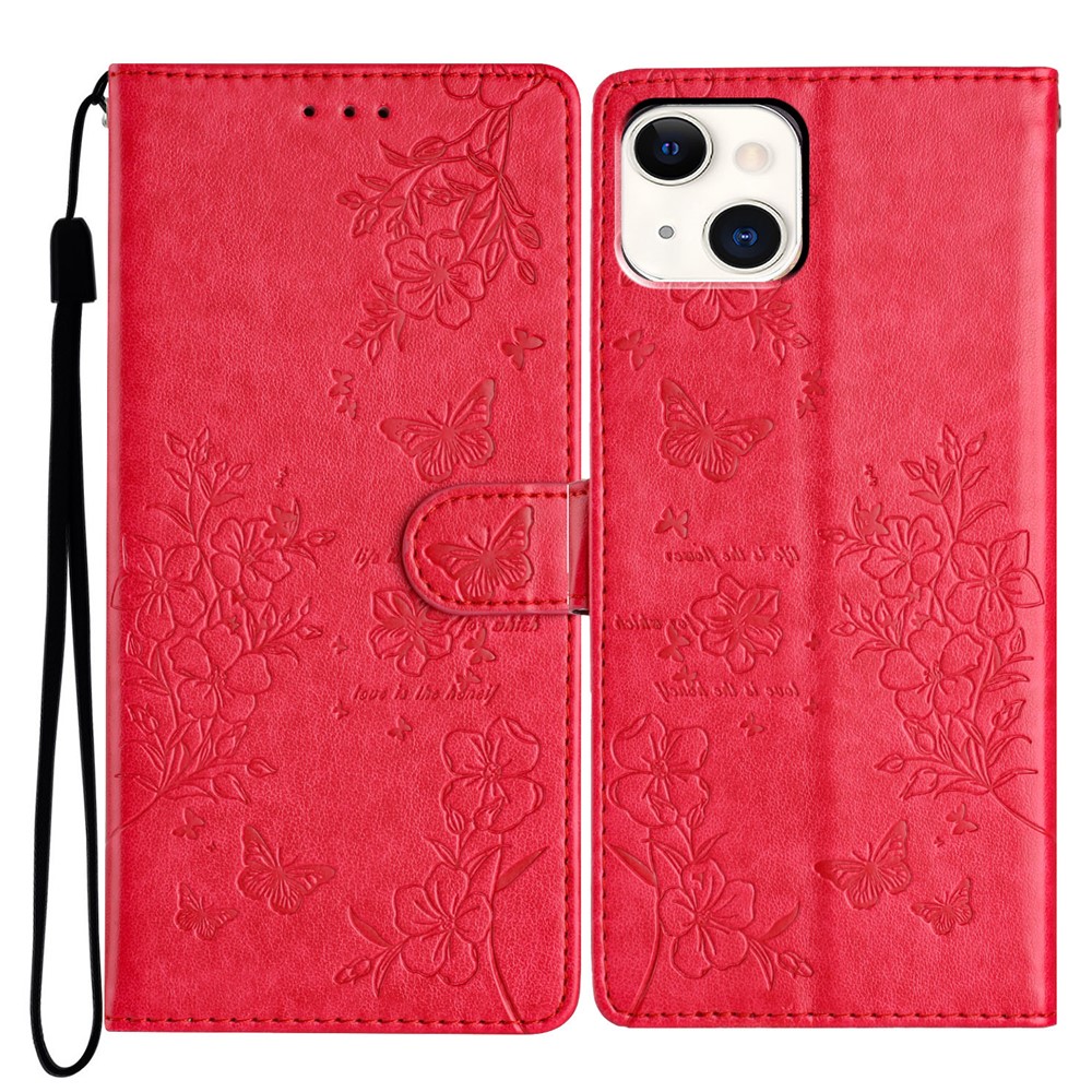 For iPhone 15 Wallet Case Butterfly Floral Imprint Leather Phone Cover with Strap - Red