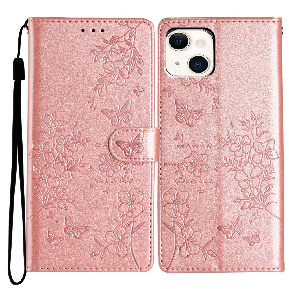 For iPhone 15 Wallet Case Butterfly Floral Imprint Leather Phone Cover with Strap - Rose Gold