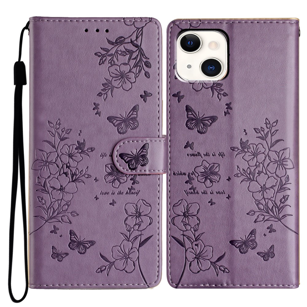 For iPhone 15 Wallet Case Butterfly Floral Imprint Leather Phone Cover with Strap - Purple