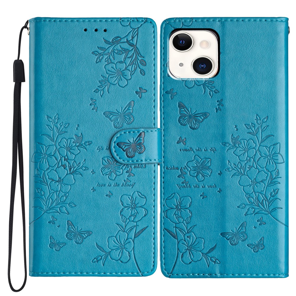 For iPhone 15 Wallet Case Butterfly Floral Imprint Leather Phone Cover with Strap - Blue