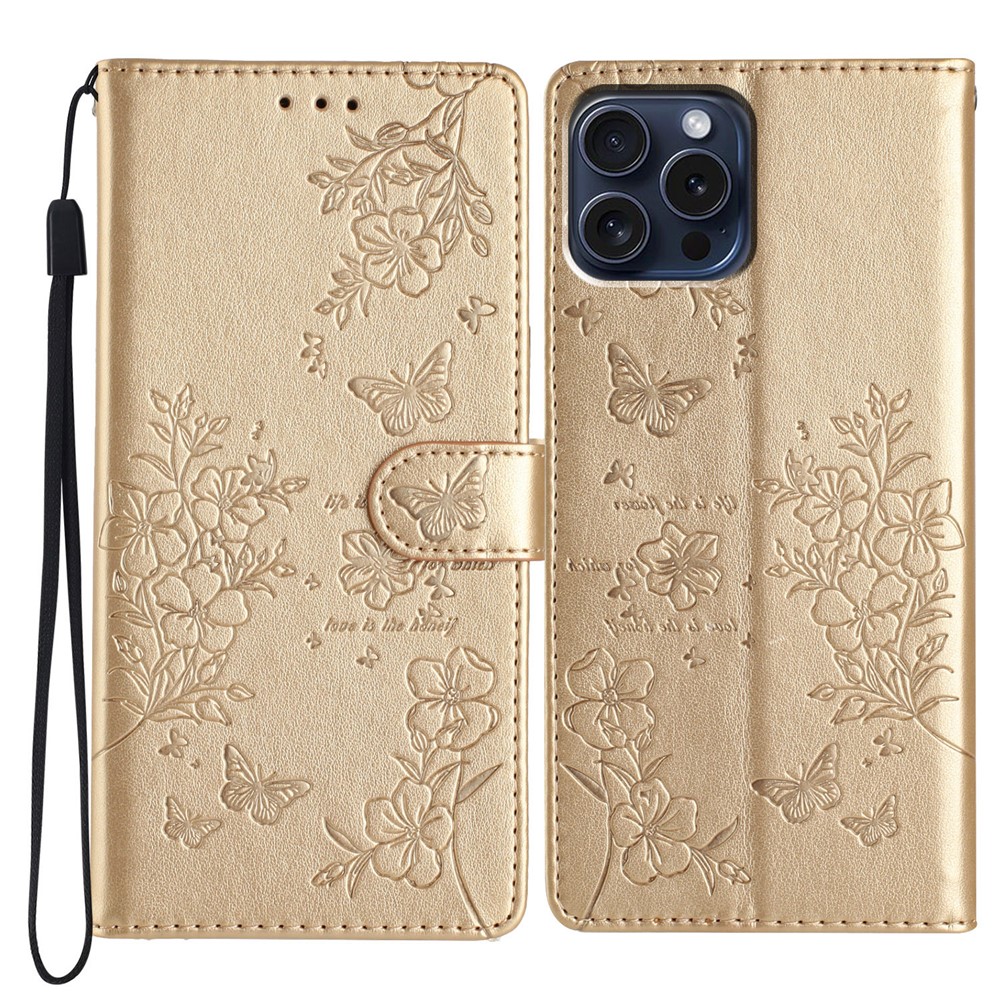 For iPhone 14 Pro Case Butterfly Floral Imprint Leather Wallet Phone Cover with Stand - Gold