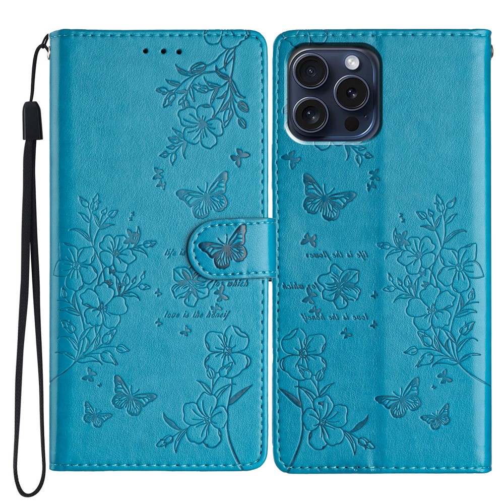 For iPhone 14 Pro Case Butterfly Floral Imprint Leather Wallet Phone Cover with Stand - Blue