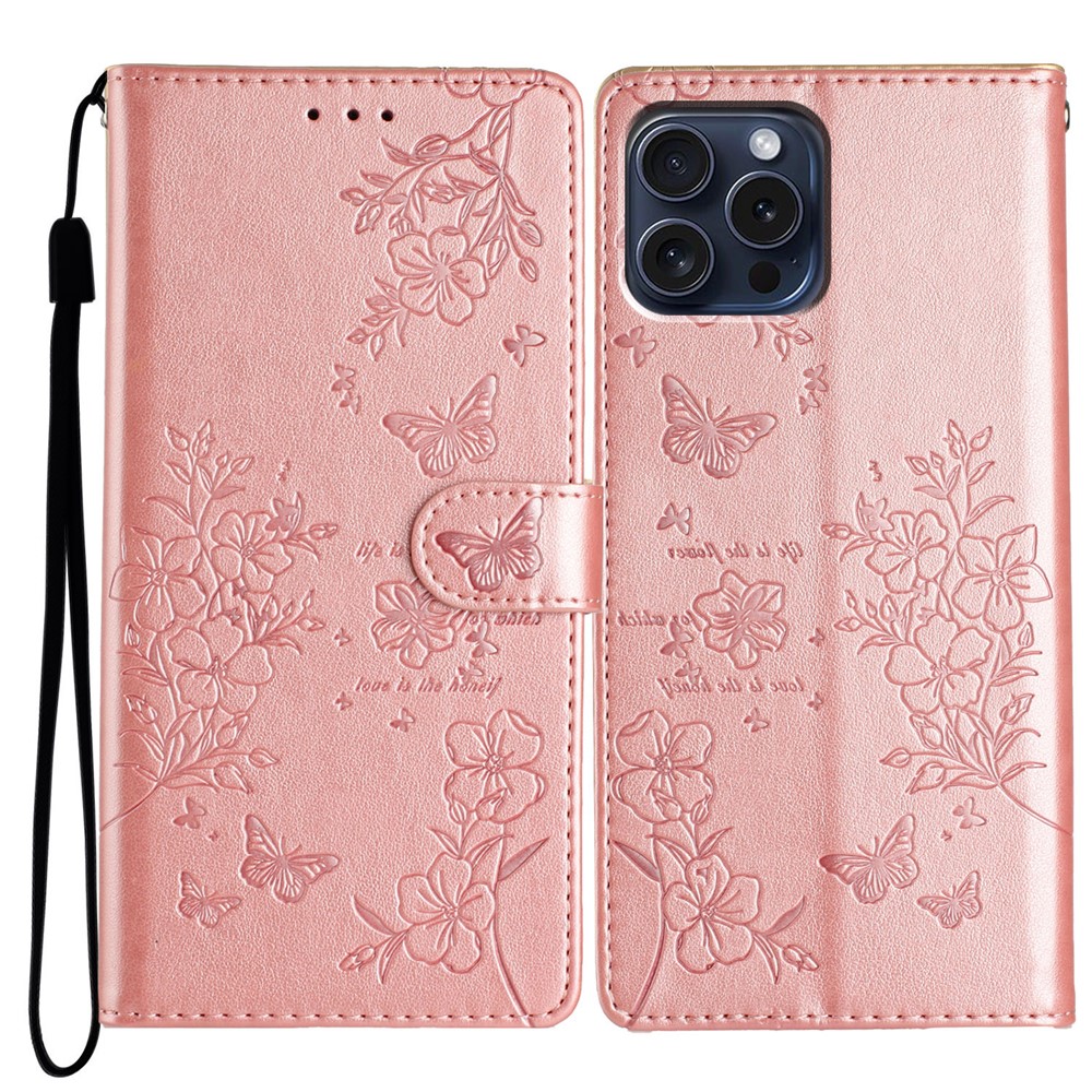 For iPhone 13 Pro Max Case Butterfly Floral Imprint Leather Phone Cover with Wallet - Rose Gold