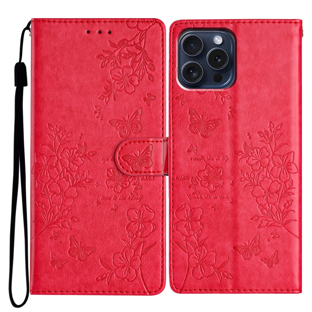 For iPhone 13 Pro Max Case Butterfly Floral Imprint Leather Phone Cover with Wallet - Red