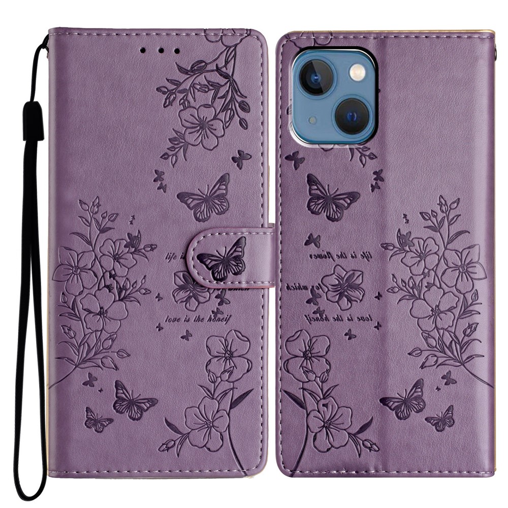 For iPhone 14 Shockproof Case Butterfly Floral Imprint Leather Wallet Phone Cover - Purple