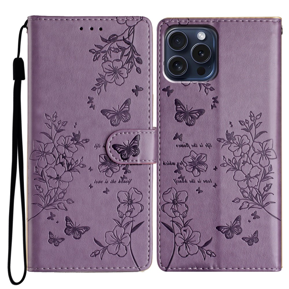 For iPhone 13 Pro Wallet Case Butterfly Floral Imprint Leather Phone Cover with Stand - Purple