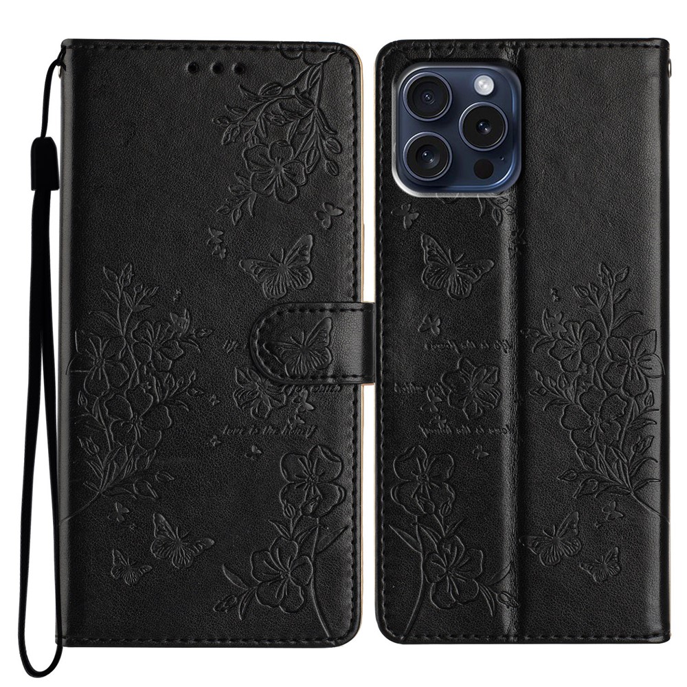 For iPhone 13 Pro Wallet Case Butterfly Floral Imprint Leather Phone Cover with Stand - Black