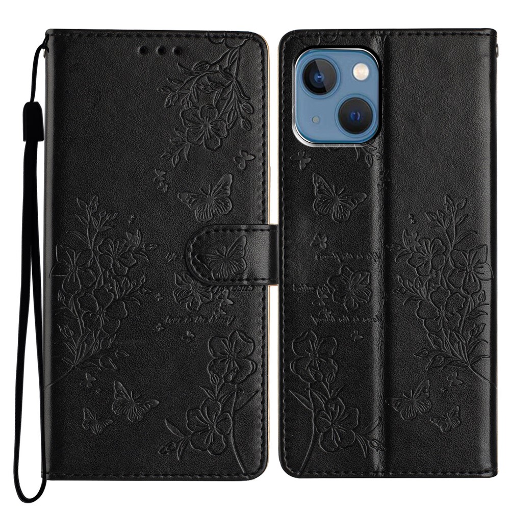 For iPhone 13 Case Butterfly Floral Imprint Leather Wallet Phone Cover with Strap - Black