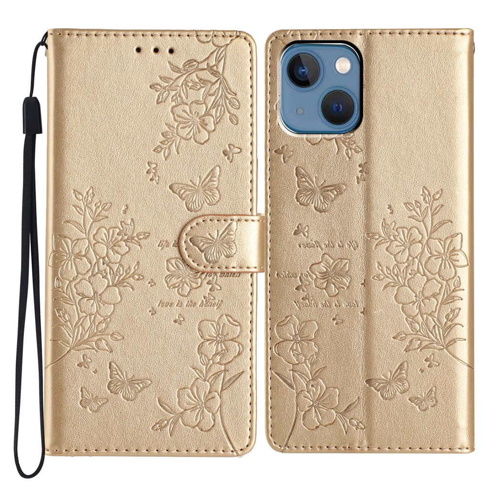 For iPhone 13 Case Butterfly Floral Imprint Leather Wallet Phone Cover with Strap - Gold