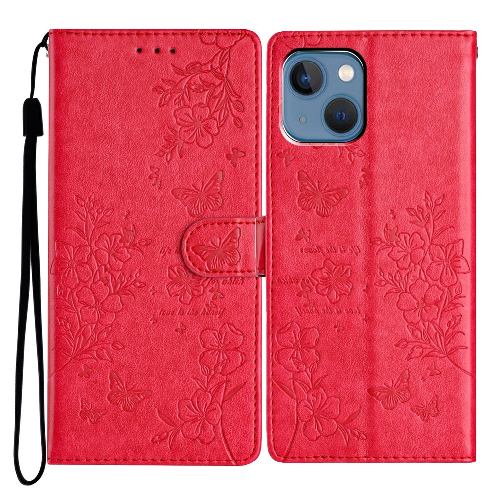 For iPhone 13 Case Butterfly Floral Imprint Leather Wallet Phone Cover with Strap - Red