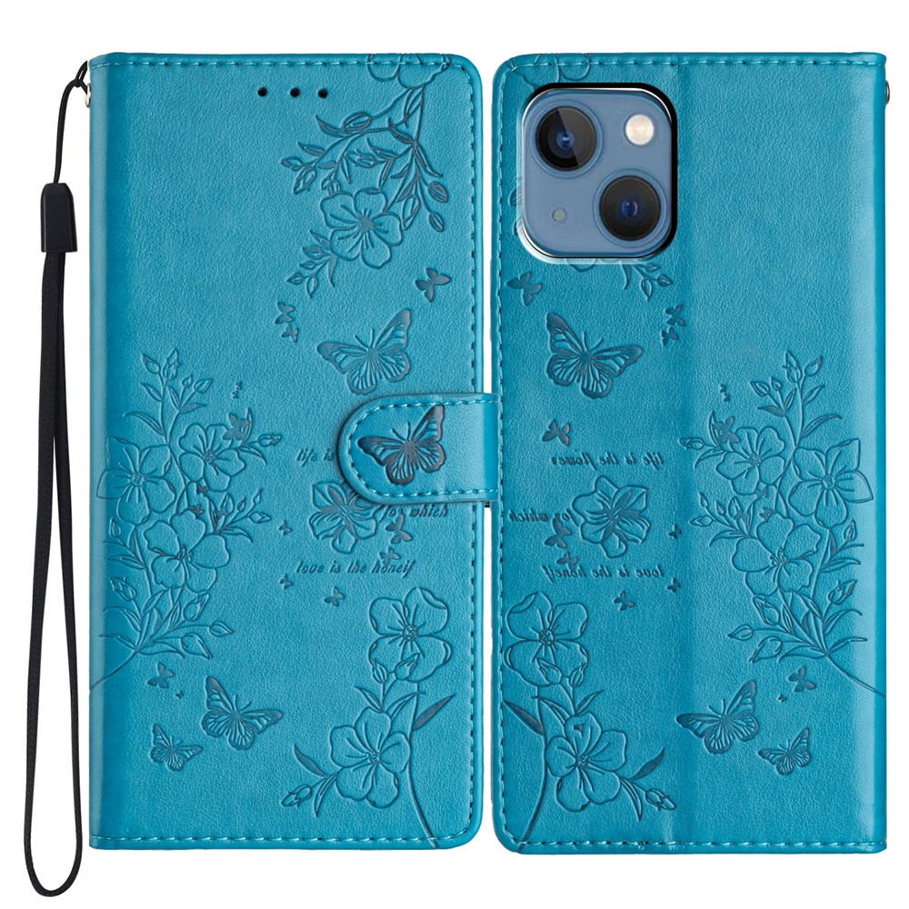 For iPhone 13 Case Butterfly Floral Imprint Leather Wallet Phone Cover with Strap - Blue