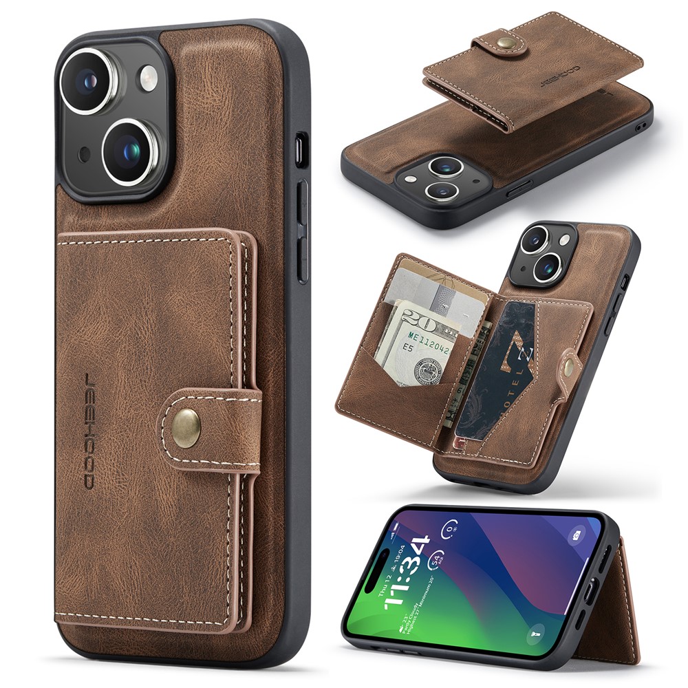 JEEHOOD J01 For iPhone 15 Plus Case Leather Back Cover Detachable Magnetic Card Holder - Brown