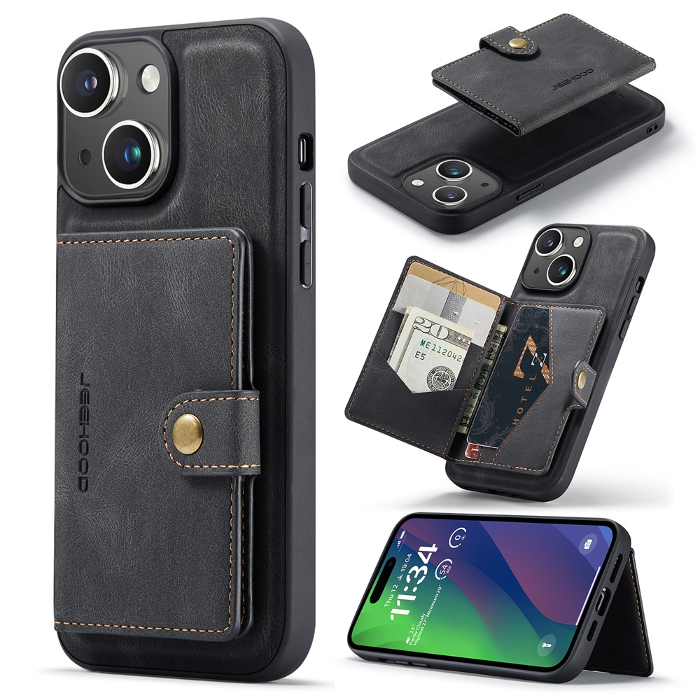 JEEHOOD J01 For iPhone 15 Case Card Bag Kickstand Leather Coated TPU Phone Cover - Black