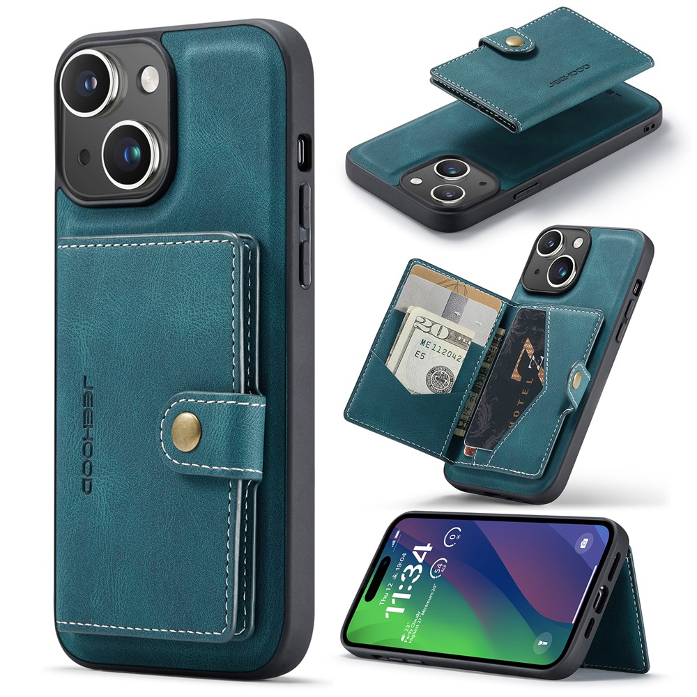 JEEHOOD J01 For iPhone 15 Case Card Bag Kickstand Leather Coated TPU Phone Cover - Blue