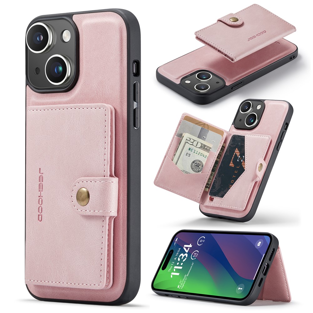 JEEHOOD J01 For iPhone 15 Case Card Bag Kickstand Leather Coated TPU Phone Cover - Pink