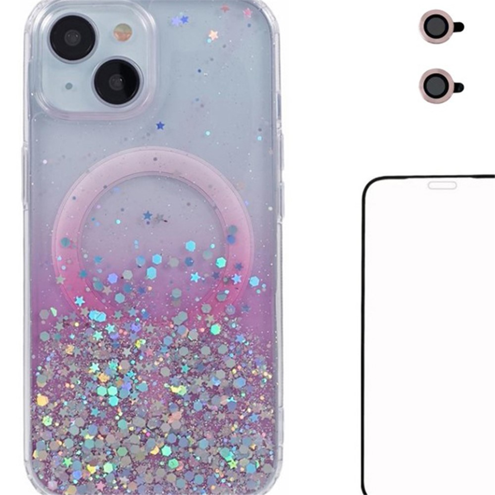 WANLONFENG JWT Series For iPhone 14 Glitter Sequin TPU+Acrylic Magnetic Phone Case with Screen Film + Lens Film - Pink