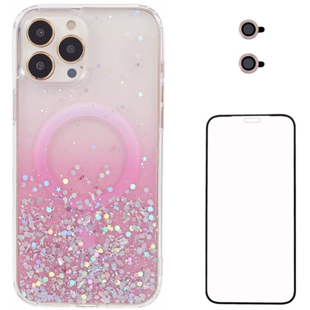 WANLONFENG JWT Series For iPhone 14 Pro Glitter Sequin TPU+Acrylic Magnetic Phone Case with Screen Film + Lens Film - Pink