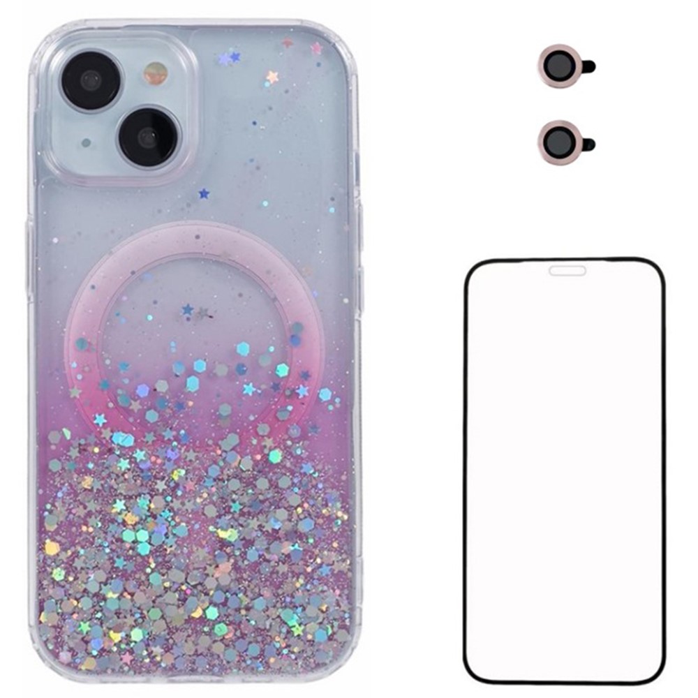WANLONFENG JWT Series For iPhone 15 Plus Glitter Sequin TPU+Acrylic Magnetic Phone Case with Screen Film + Lens Film - Pink