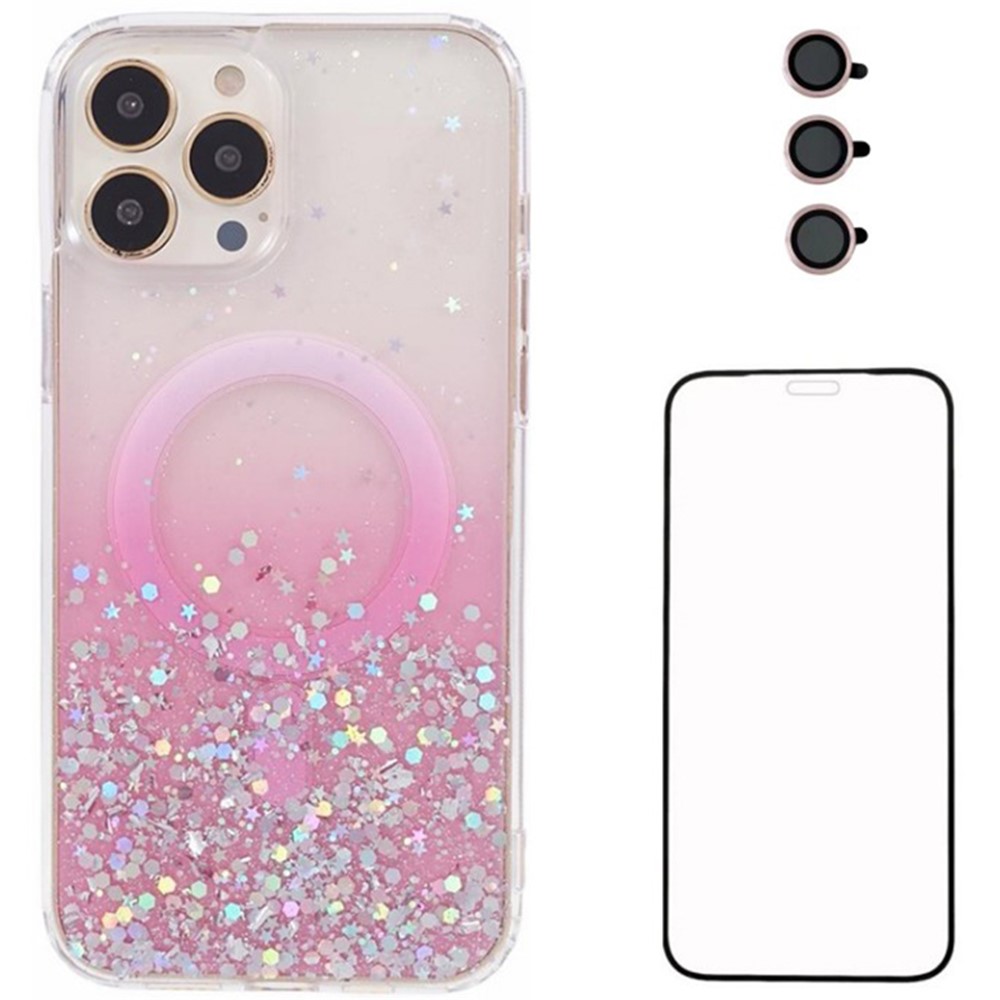WANLONFENG JWT Series For iPhone 12 Pro Glitter Sequin TPU+Acrylic Magnetic Phone Case with Screen Film + Lens Film - Pink
