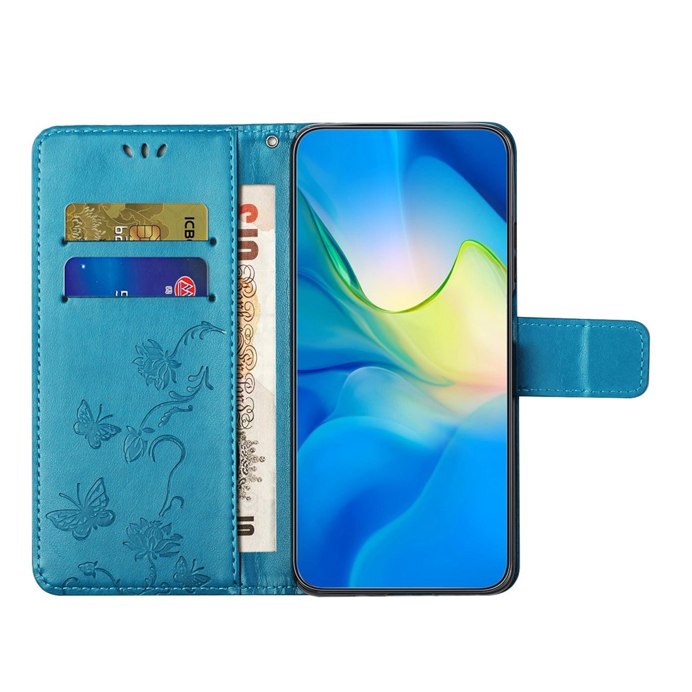 Anti-fall Phone Wallet Case For Samsung Galaxy A04 4G Butterfly Flower Imprinted PU Leather Protective Phone Cover Stand with Strap - Blue-2
