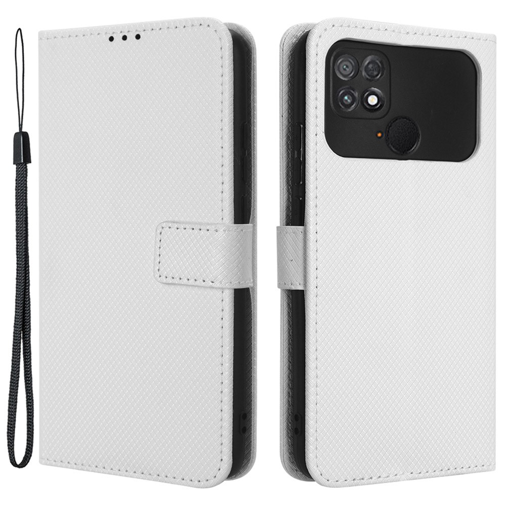 Anti-drop Phone Leather Cover For Xiaomi Poco C40 4G, Diamond Texture Magnetic Clasp Flip Wallet Case Stand Phone Shell - White-1