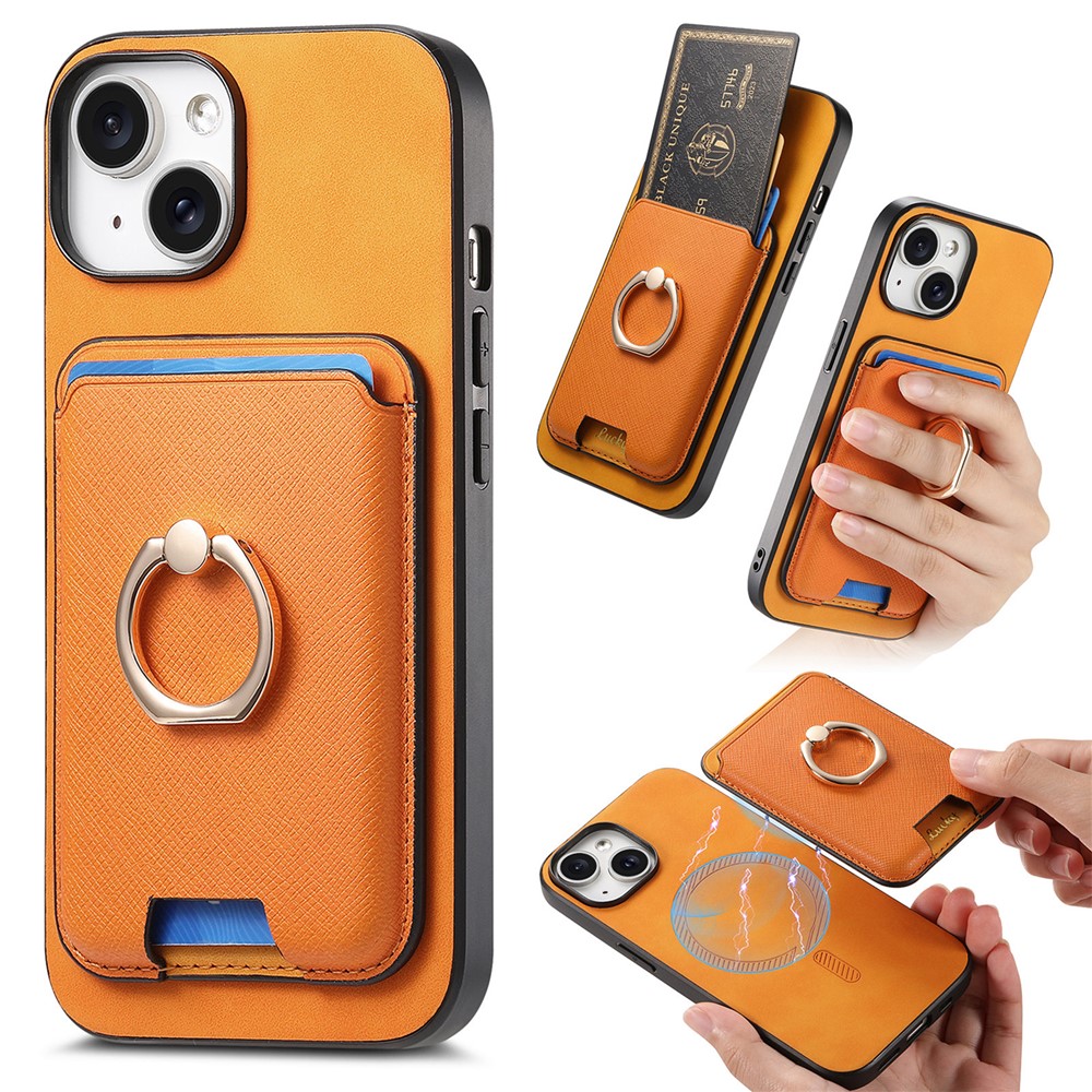 For iPhone 14 Case Ring Kickstand Phone Cover with Detachable Magnetic Card Slot - Orange