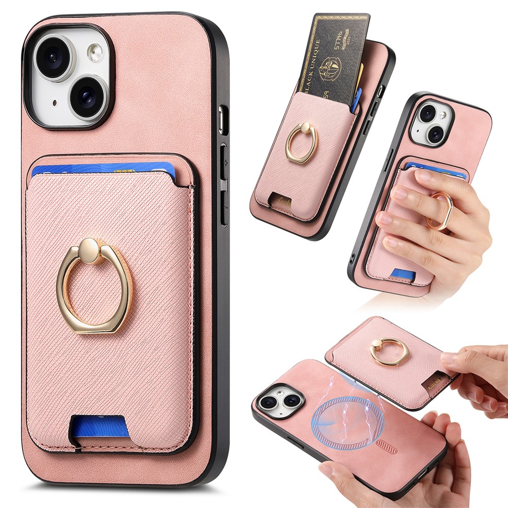 For iPhone 14 Case Ring Kickstand Phone Cover with Detachable Magnetic Card Slot - Rose Gold