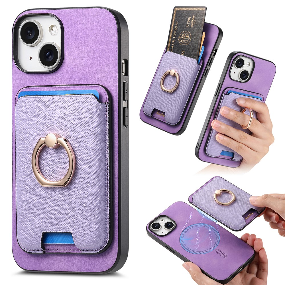 For iPhone 14 Case Ring Kickstand Phone Cover with Detachable Magnetic Card Slot - Purple