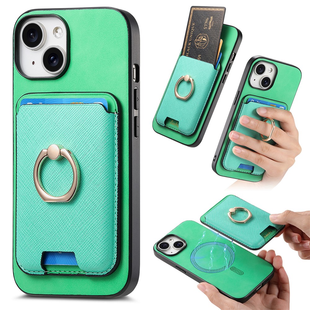 For iPhone 14 Case Ring Kickstand Phone Cover with Detachable Magnetic Card Slot - Green