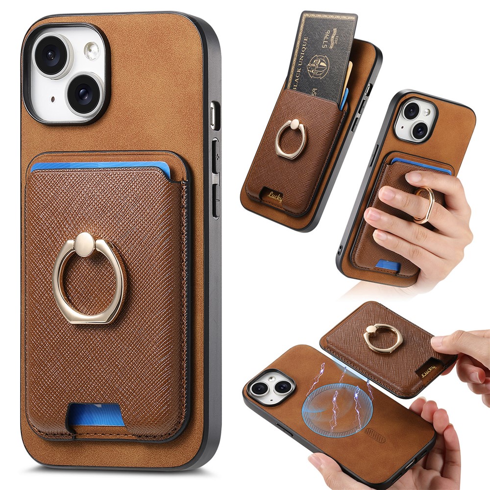 For iPhone 14 Case Ring Kickstand Phone Cover with Detachable Magnetic Card Slot - Brown