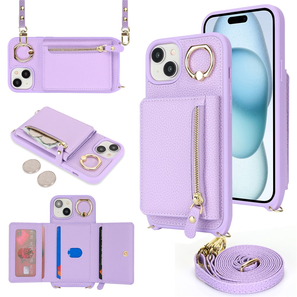For iPhone 15 Case PU Leather+TPU Phone Cover with Ring Zipper Pocket Card Holder - Purple