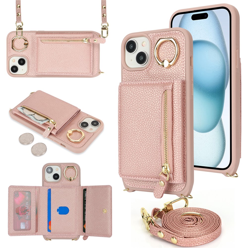 For iPhone 15 Case PU Leather+TPU Phone Cover with Ring Zipper Pocket Card Holder - Rose Gold