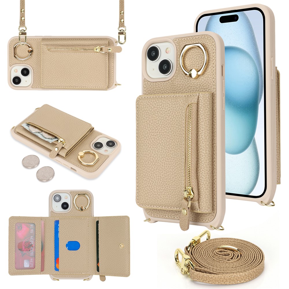For iPhone 15 Case PU Leather+TPU Phone Cover with Ring Zipper Pocket Card Holder - Beige